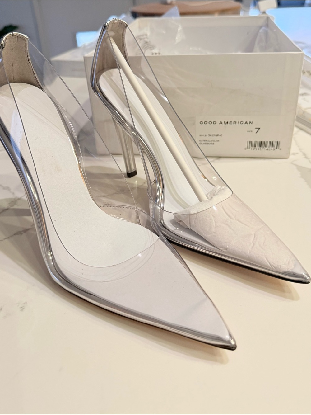Good American Clear Pointed-Toe Stiletto Pump in White and Silver